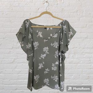 Ann Taylor Sage Green White Floral Print Blouse Short Sleeve Sleeveless Sz XL